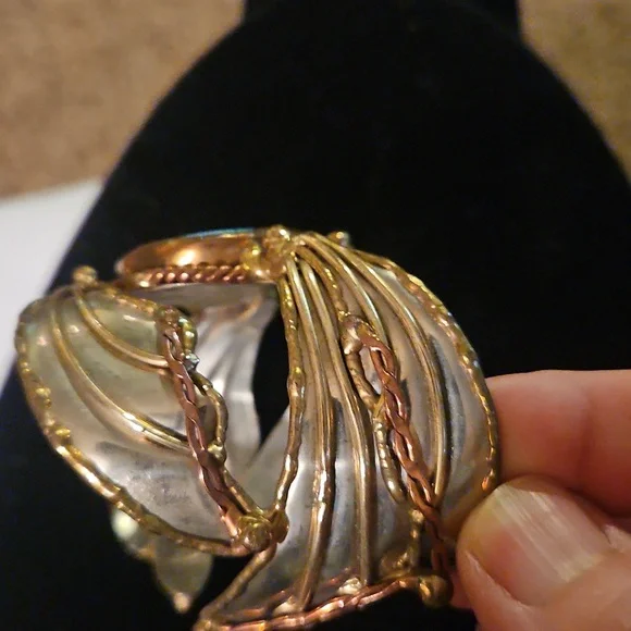 Vintage Brutalist Turqouis Sterling Silver And Copper Large Cuff Bracelet